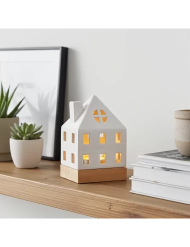 Lichthaus - Teelicht Haus - Dekoration Weihnachten - weiss-glänzend - 17.7 cm auf Ablage neben Büchern