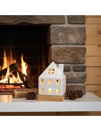 Lichthaus - Teelicht Haus - Dekoration Weihnachten - weiss-glänzend - 17.7 cm neben Cheminée