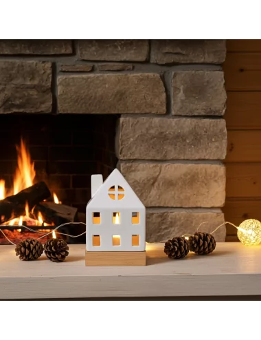 Lichthaus - Teelicht Haus - Dekoration Weihnachten - weiss-glänzend - 17.7 cm vor Cheminée