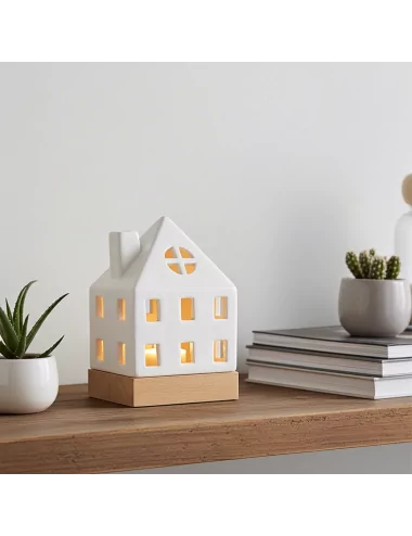 Lichthaus - Teelicht Haus - Dekoration Weihnachten - weiss-glänzend - 17.7 cm auf Ablage neben Büchern und Pflanzen