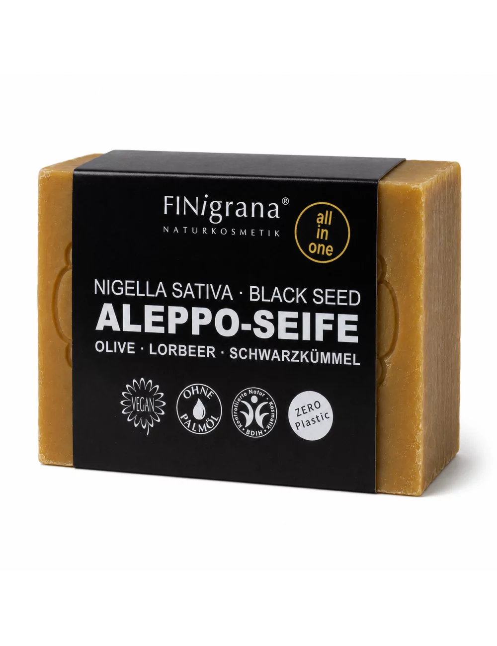 Aleppo-Seife Black Seed (Nigella Sativa), vegan All-in-One mit Schwarzkümmelöl – mit Verpackung Aleppo-Seife Black Seed (Nigella Sativa), vegan All-in-One mit Schwarzkümmelöl – mit Verpackung