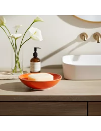 Seifenschale Ton rund orange vor Lavabo